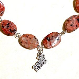Natural Pink Rhodonite Choker Necklace, Cat Person Pendant + Genuine Gemstone
